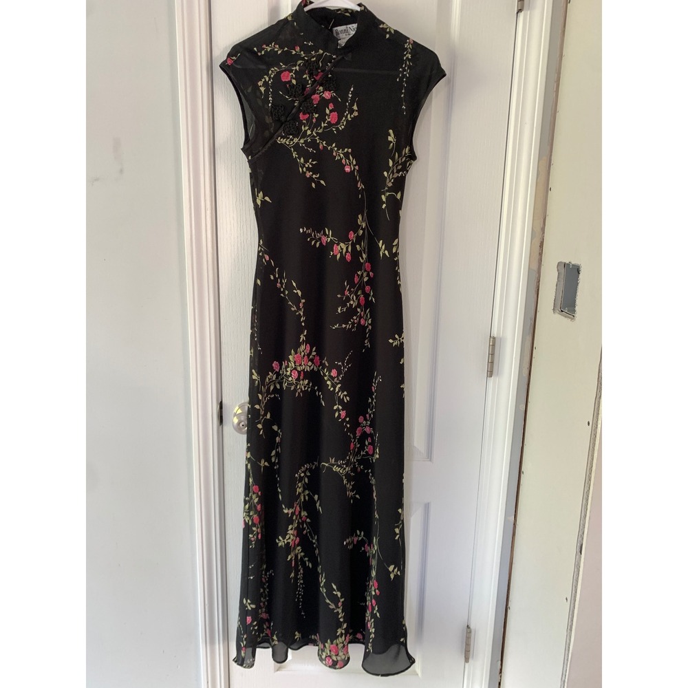 Ronni Nicole Black Floral Mesh Mandarin Collar Maxi Dress Frog Closure Size 6
